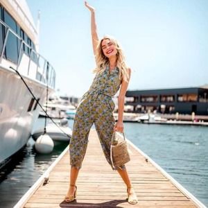 MODCLOTH Genuine Genius Halter Floral Pin Up Jumpsuit Mustard {B10}